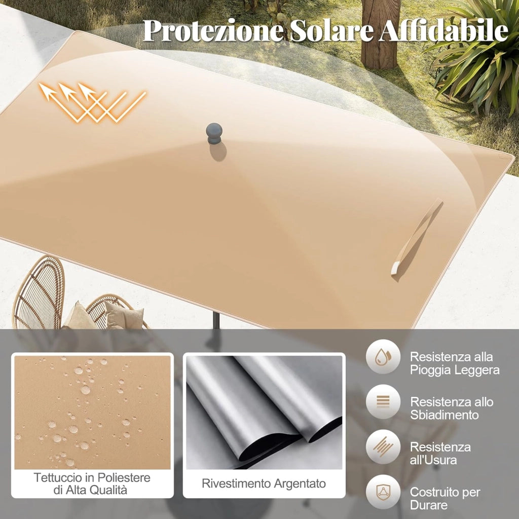 Ombrellone per Patio 213 X 140 cm, Ombrellone Rettangolare da Esterno con Inclinazione Regolabile, Borsa di Trasporto, Parasole Pieghevole per Veranda, Giardino, Piscina, Spiaggia (Beige)
