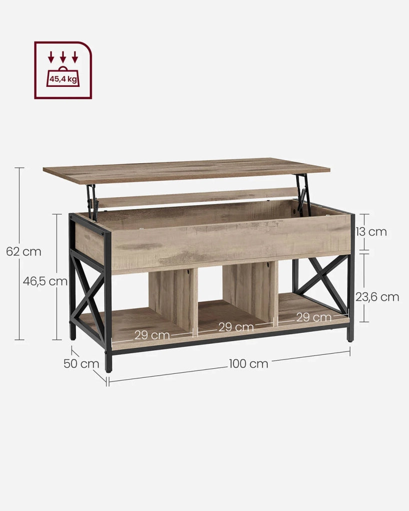 Tavolino da caffè con piano sollevabile vano portaoggetti nascosto e scomparti aperti struttura in acciaio 50 x 100 x 62 cm marrone 12_0007492