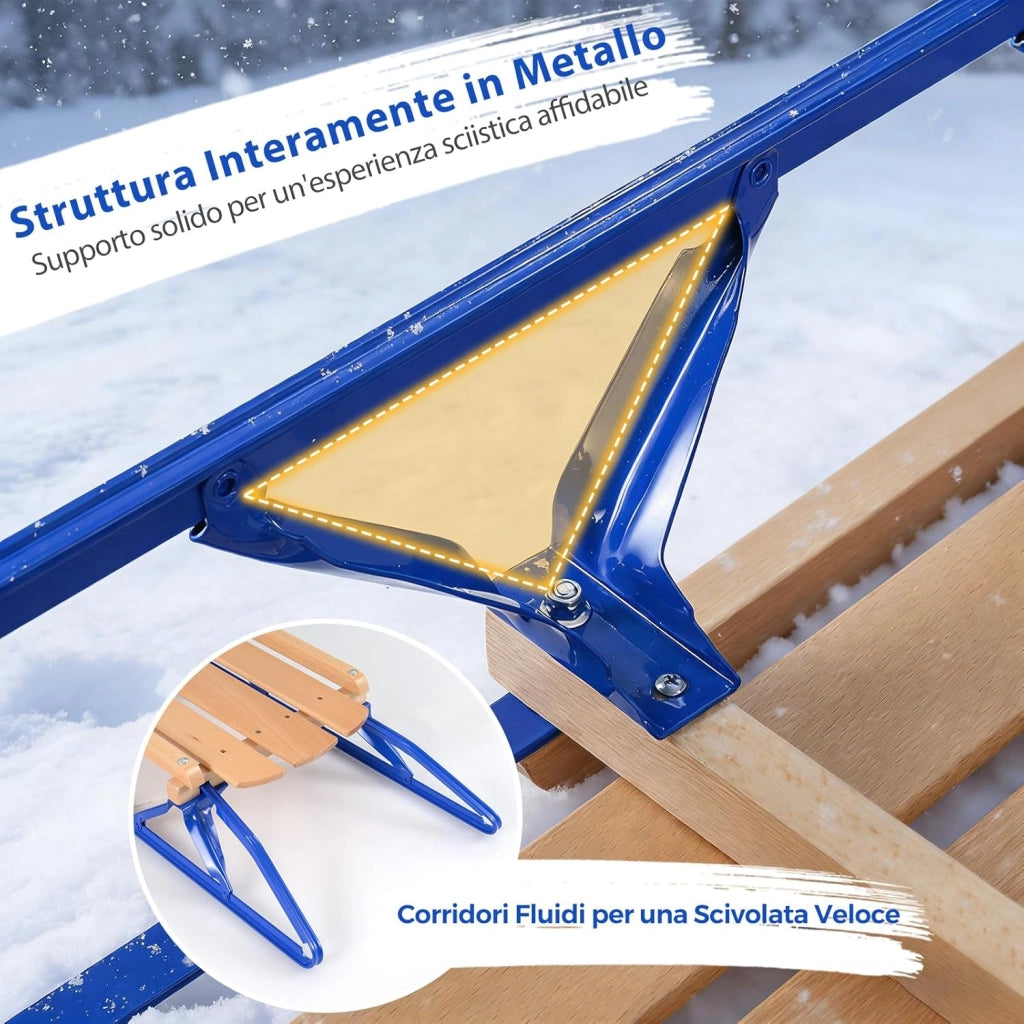 Slittino da Neve, Slittino per Bambini e Adulti con Barra di Direzione, Fori Preforati e Maniglie, Slitta da Neve in Legno e Metallo Vernicato, Carico Massimo 150 kg