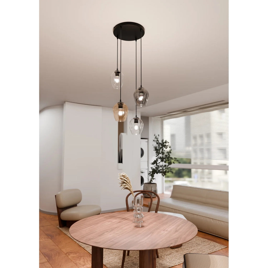Lampadario 4 Luci Fuxi Base Tonda Acciaio Nero E Vetri Ambra Trasparente E Fumè