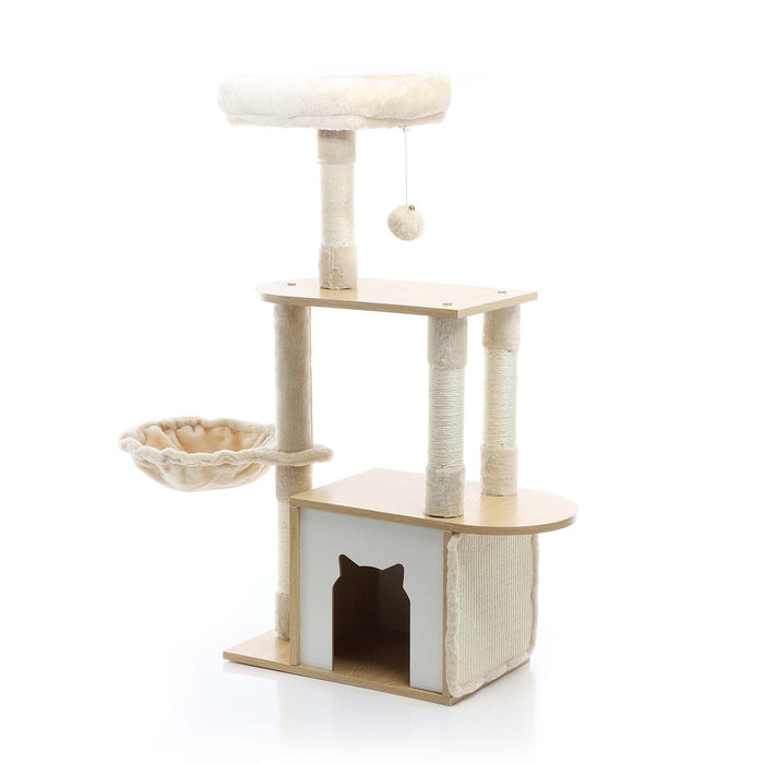 Fudajo Albero tiragraffi Legno beige 106cm Con casetta per gatti, colonne in sisal e cucce