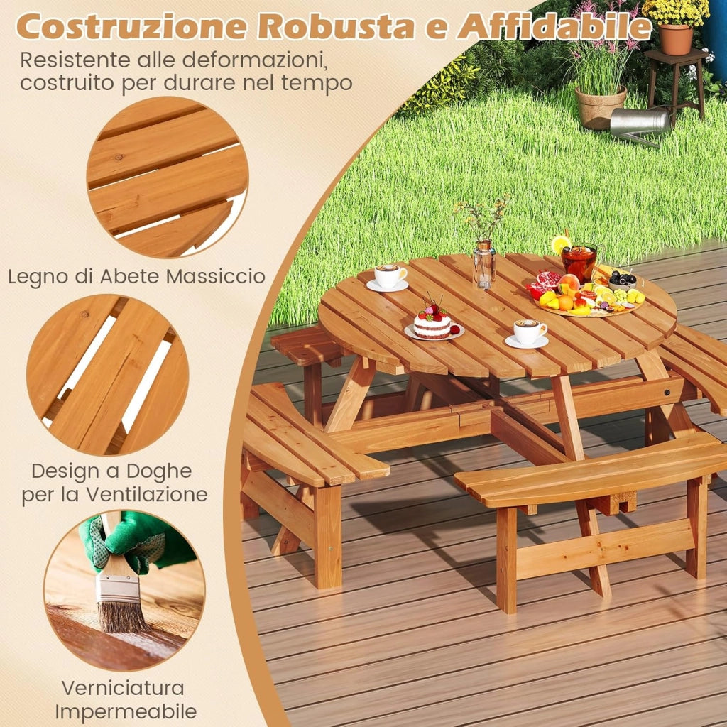 Set Tavolo da Giardino con 4 Panche Integrate, Legno Massiccio, con Foro Ombrellone, per 4-8 Persone, Tavolo Rotondo da Picnic per Esterno, Ogni Panca Porta 250 kg (Giallo, 179 x 179 x 70 cm)