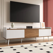 Mobile TV compatto - Zephmum- 160x39x49.5 cm- Bianco e legno naturale- Tre ante