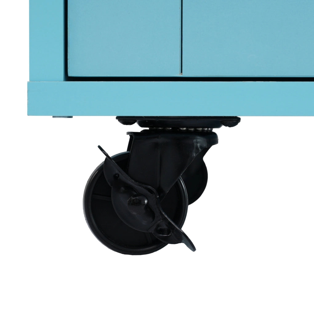 Carrello da cucina in MDF blu con piano pieghevole, ruote e ripiani regolabili