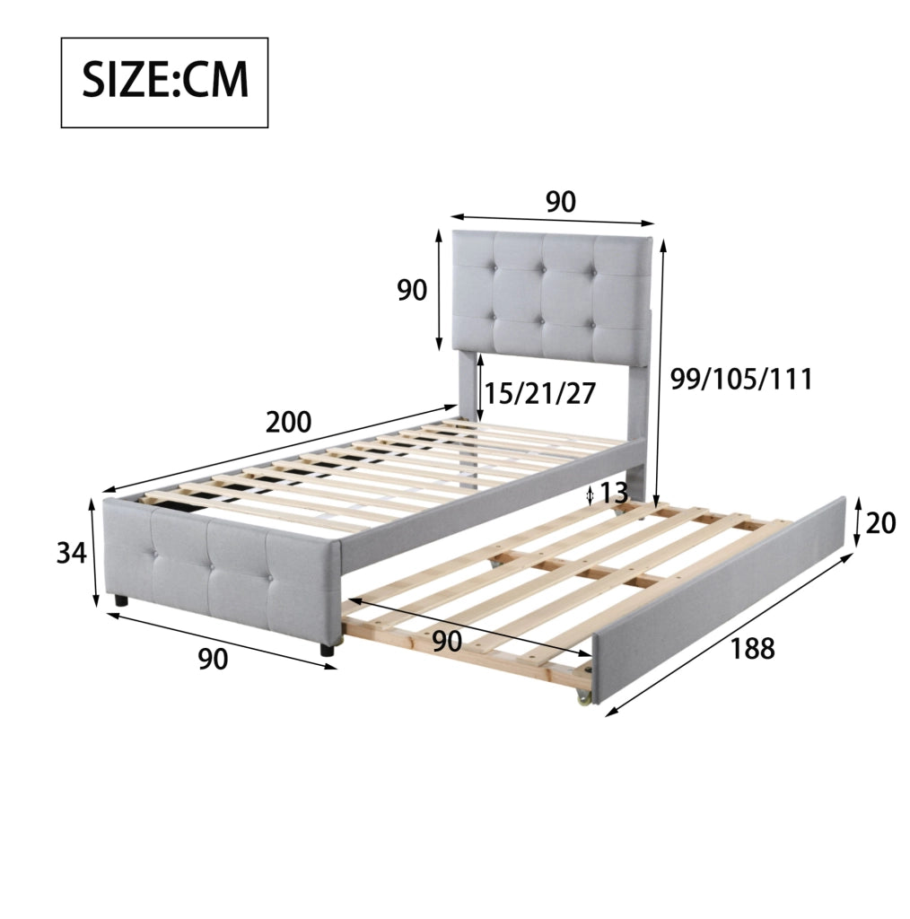 Letto imbottito per bambini 90x200 cm con letto estraibile; testiera regolabile; grigio