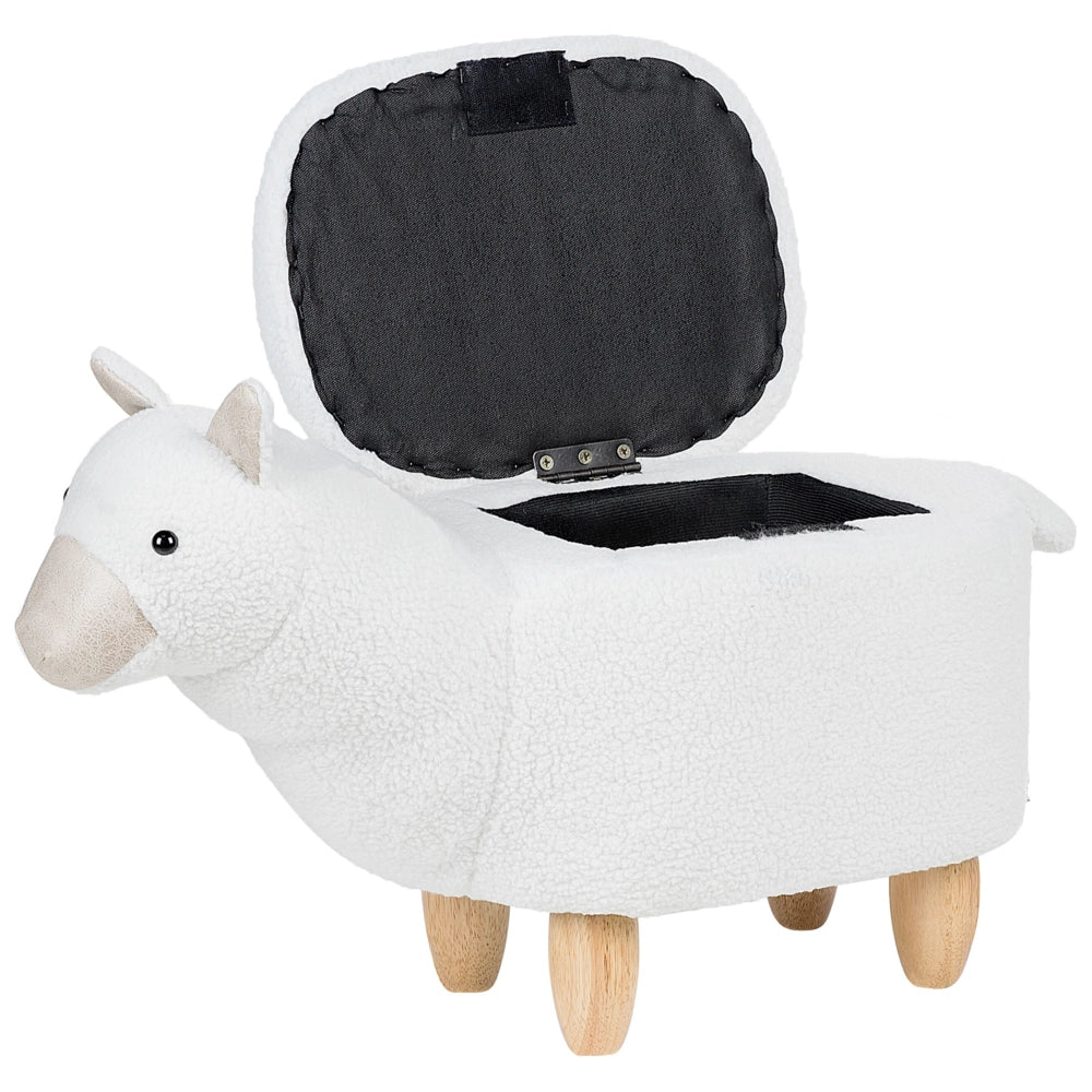 Sgabello per bambini Animale Alpaca Tessuto in poliestere bianco Gambe in legno imbottite contenitore Poggiapiedi per asilo nido