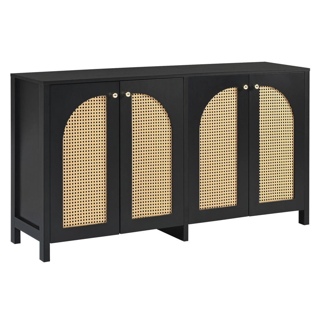 Sideboard moderno minimalista con 4 ante in rattan artificiale nero e maniglie in metallo