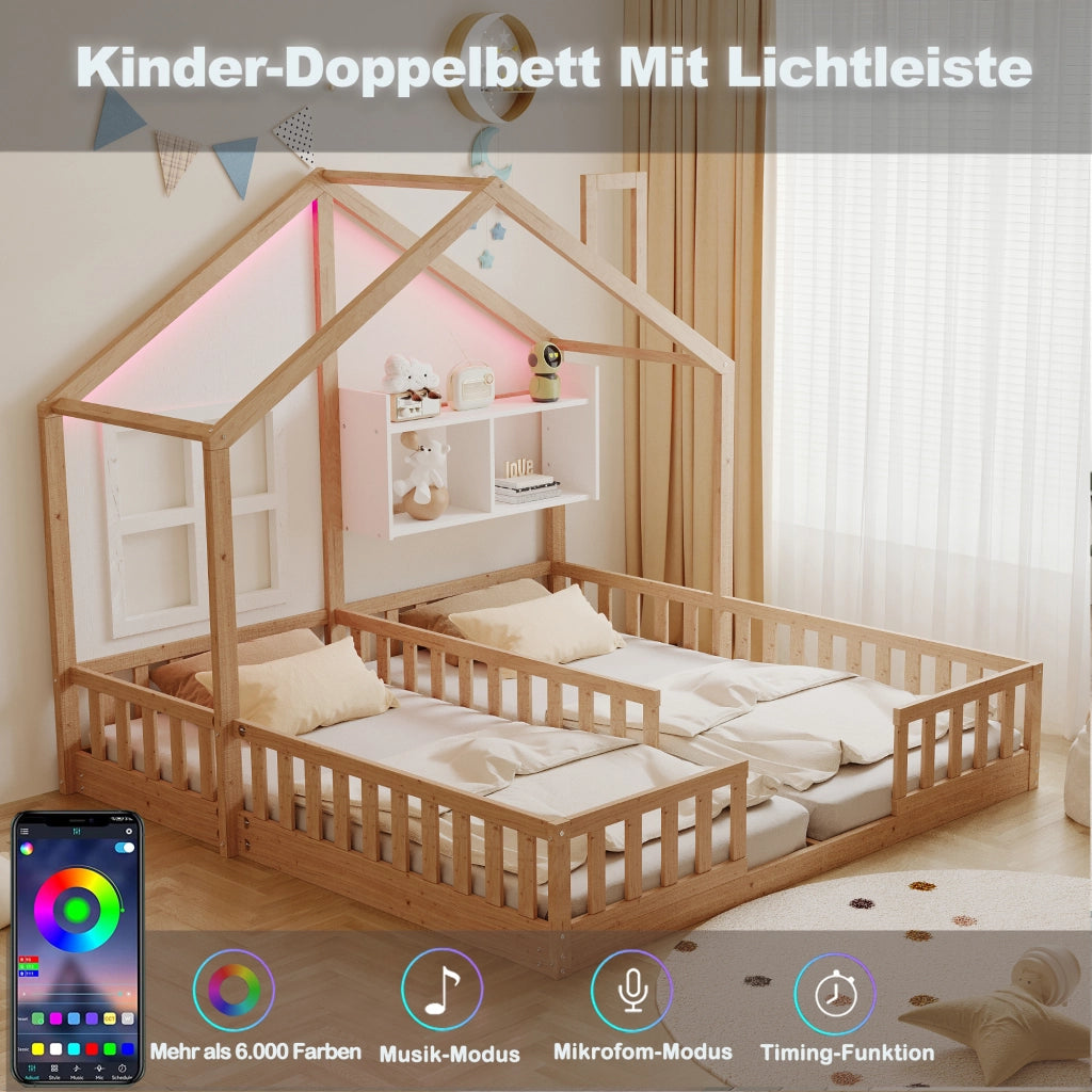Letto per bambini a forma di casa con LED e doghe, 90x200 cm, legno