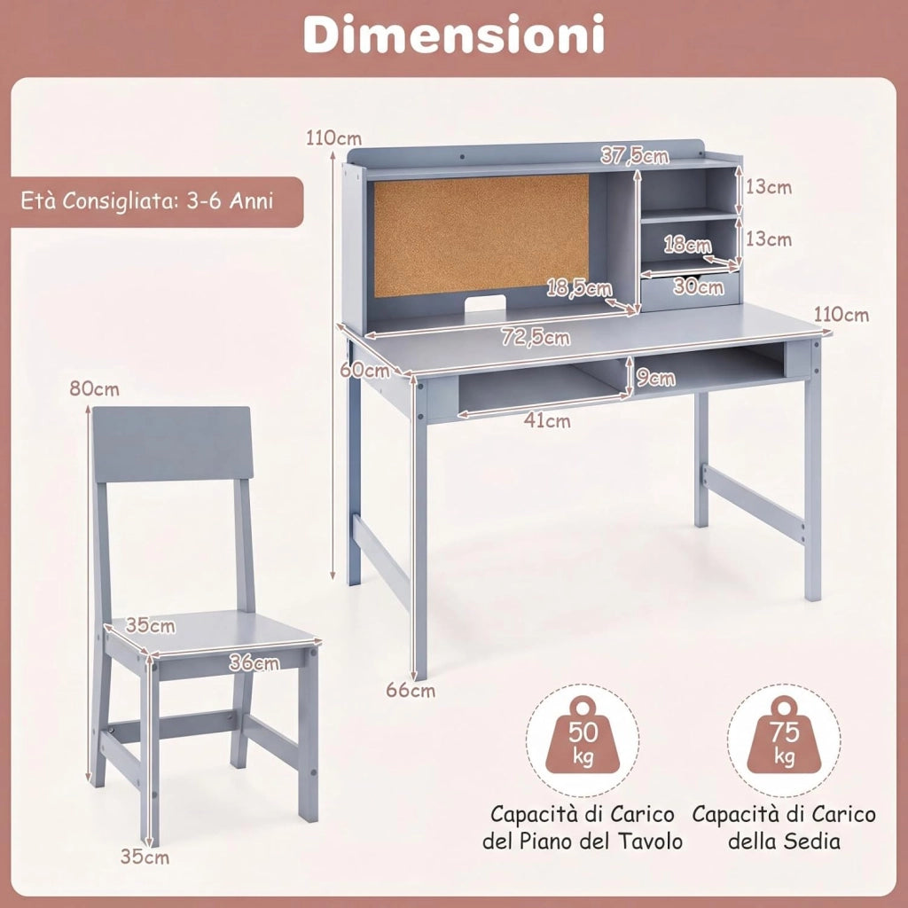 Set Scrivania e Sedia per Bambini, Tavolo per Studenti in Legno con Bacheca in Sughero, Cassetto, Pensile con Ripiani Aperti, Postazione Computer per Bambini per Studio e Lettura (Grigio)