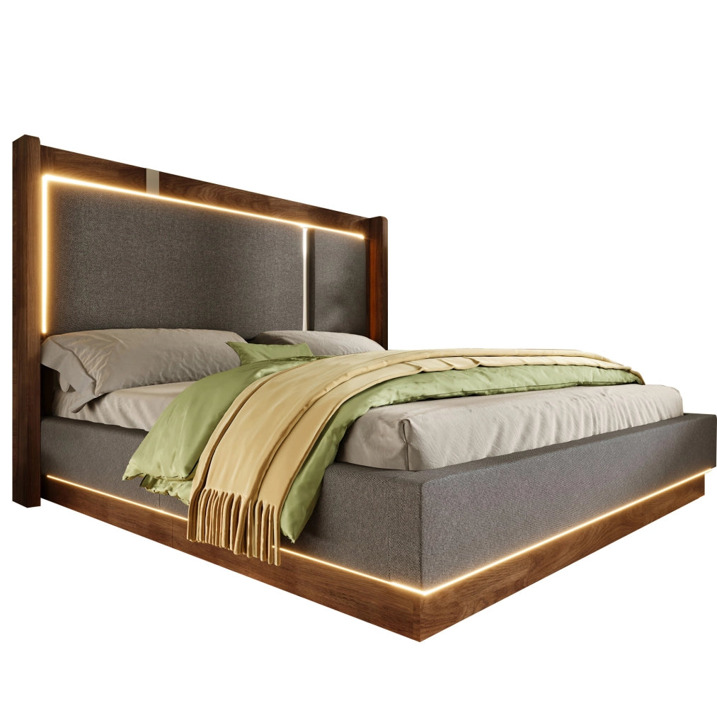 Letto matrimoniale 199x156x110 cm con LED e contenitore; in lino; legno e metallo grigio e noce