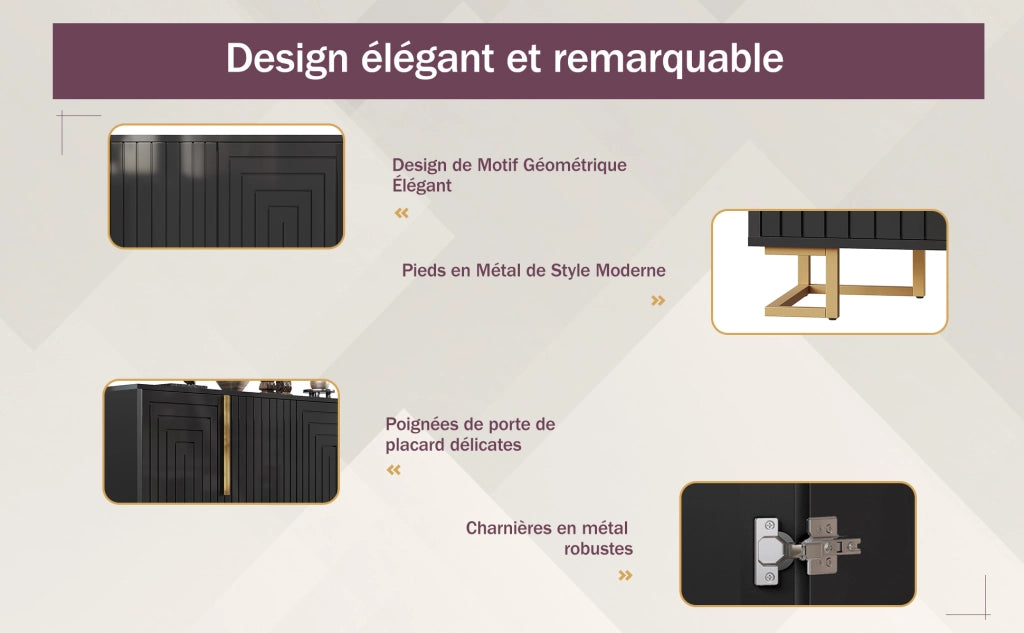 Sideboard nero 152x40x75 cm, design geometrico, maniglie e piedi dorati
