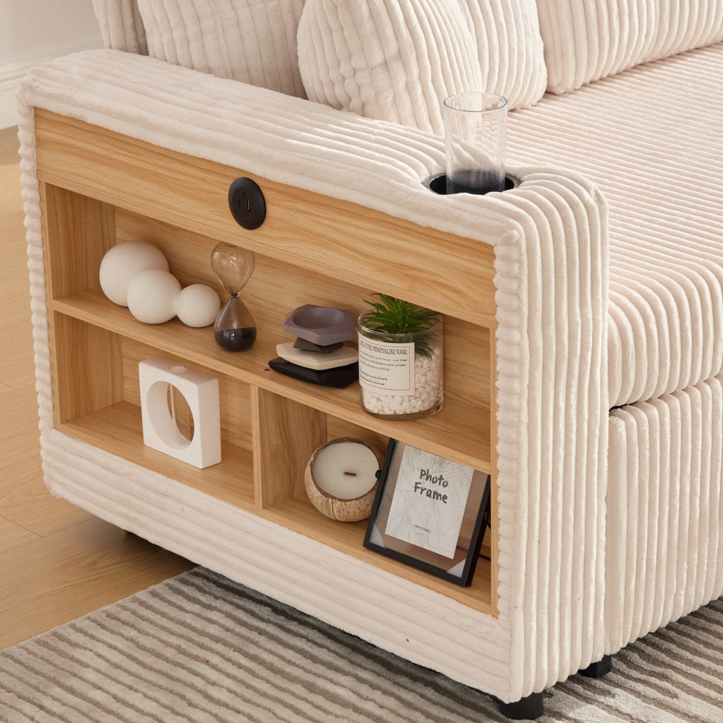Divano letto estraibile in velluto a coste beige con contenitore; LED e USB-C