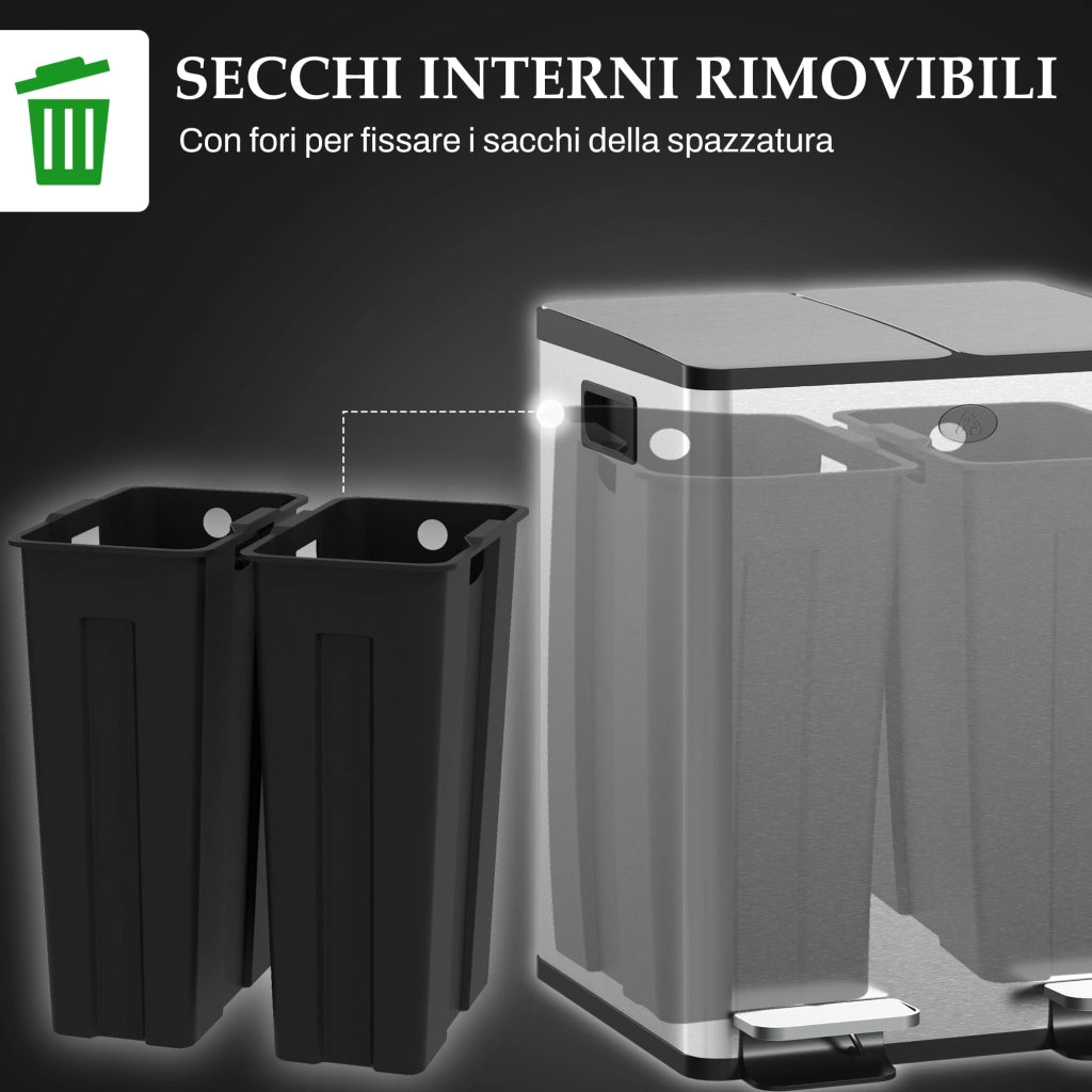 Pattumiera a Pedale 2 Sezioni da 20L 45,8x36x51,6 cm in Acciaio Inox e PP