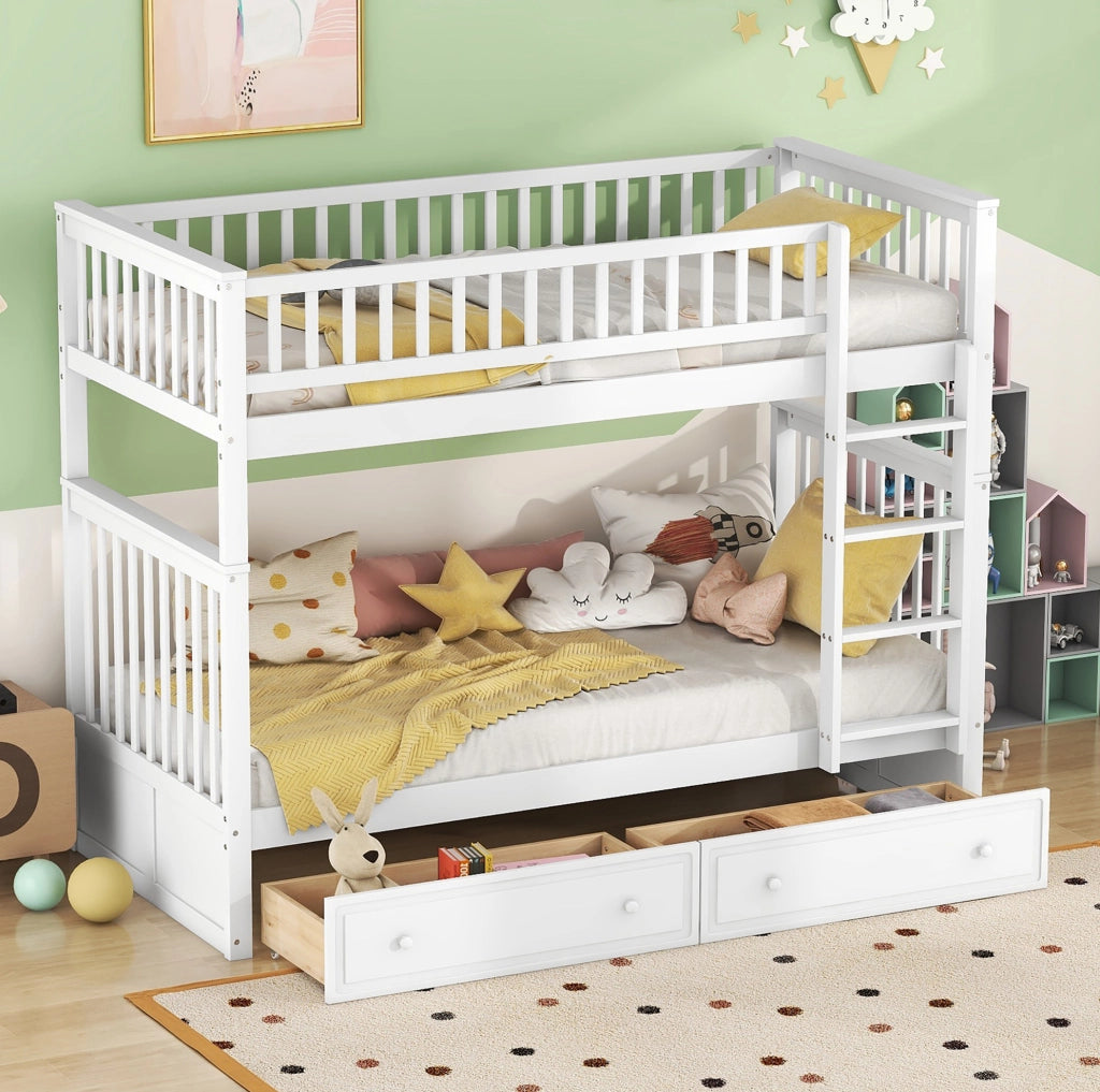 Letto a castello 90x200 cm convertibile in due letti; con 2 cassetti; pino; bianco