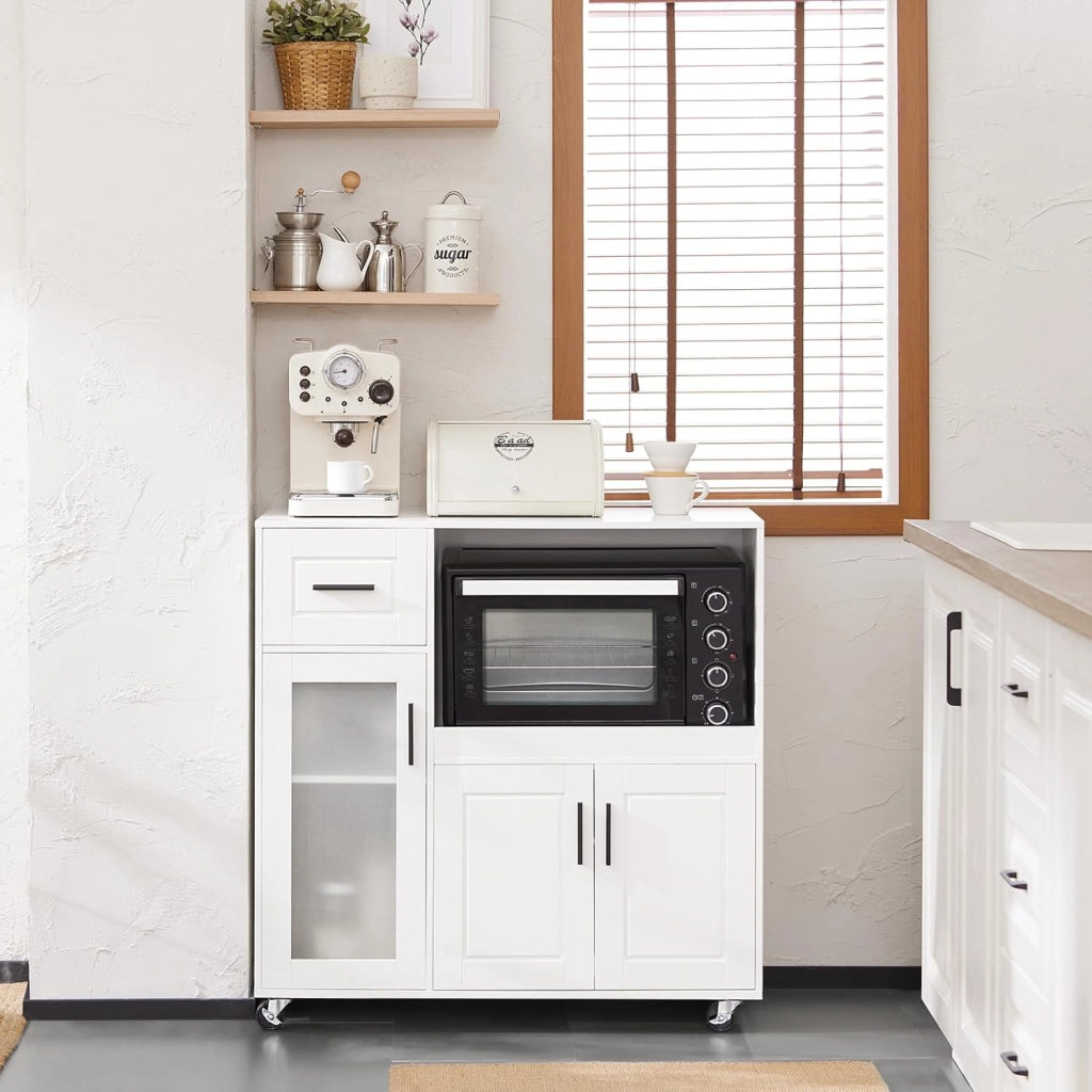 Carrello da Cucina, Isola Cucina con Ruote, Mobili da Cucina, Supporto per Microonde, Carrello Mobile per Sala da Pranzo e Ufficio 88,5 x 40 x 89 cm Bianco FSB78-W