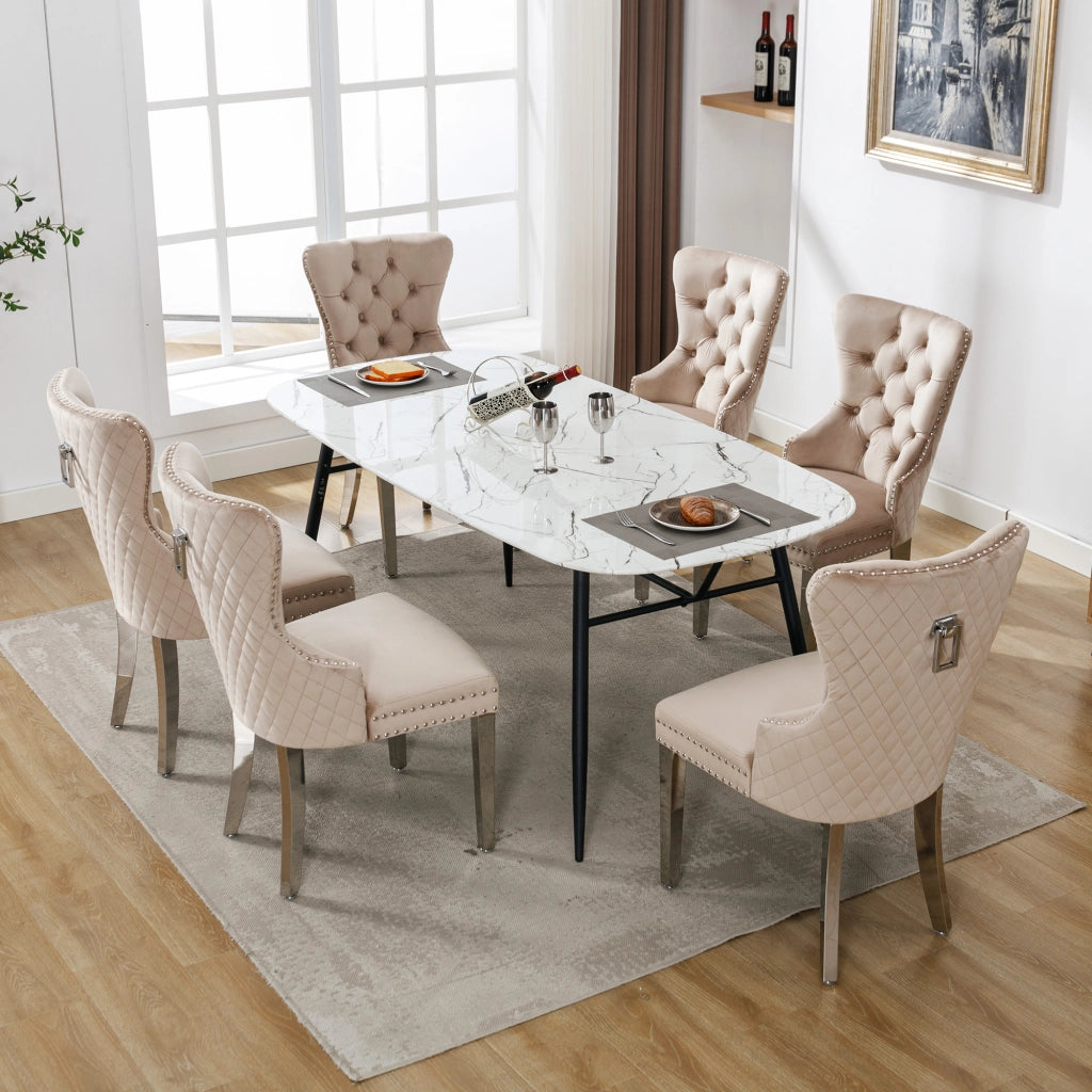 Sedia da Pranzo Imbottita in Velluto con Schienale e Gambe in Metallo ¨C MINIMAL ¨C Beige, Set 6 Pezzi