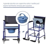 Sedia a Rotelle Bagno con Vaso Rimovibile in Tubi di Ferro e PVC 87 x 57 x 92cm