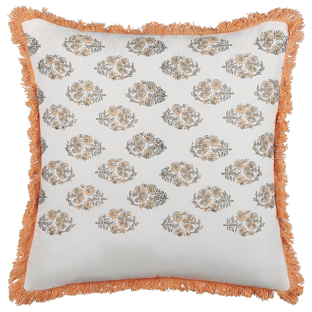 Cuscino decorativo cotone bianco e arancione 45 x 45 cm motivo floreale nappe fatto a mano rivestimento sfoderabile con imbottitura boho style