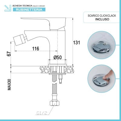 Set miscelatori lavabo bidet e doccia Flat con piletta click clack