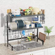 Servizio di asciugatura per cucina, 3 livelli, asciugacapelli, contenitore per residui, organizzatore di cucina con contenitore per coltelli, contenitore per piatti, blocco per coltelli, nero, lunghezza 64 cm