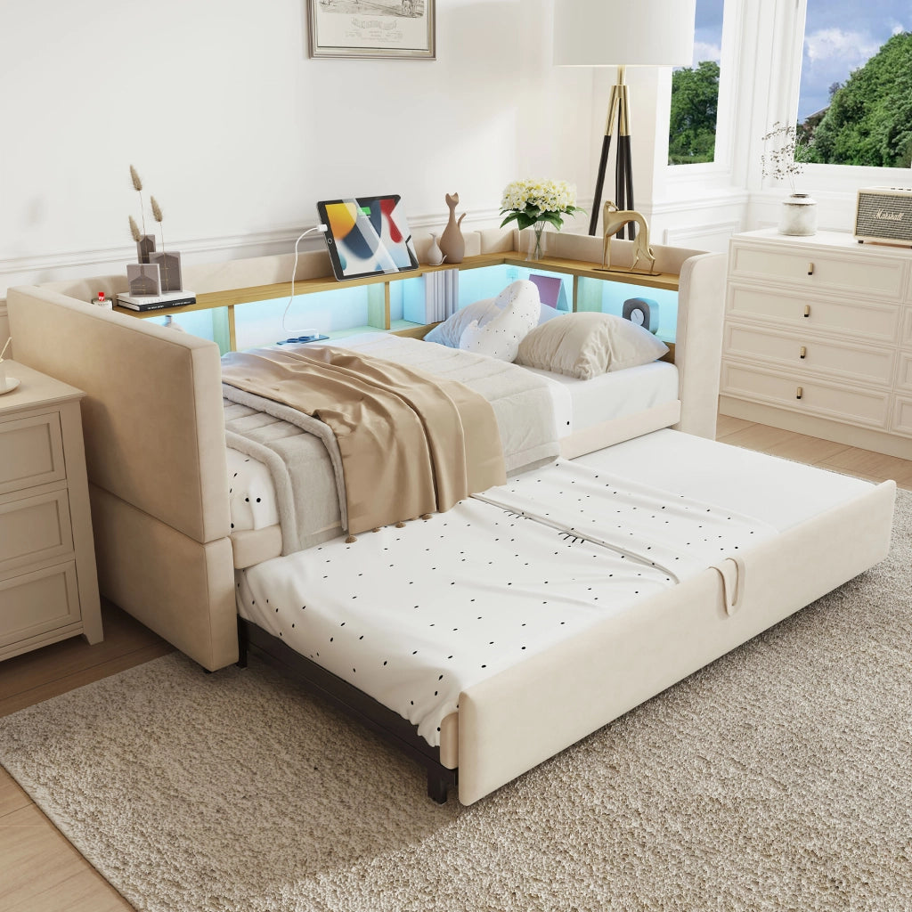 DIVANO LETTO Estraibile 90/180 x 190 cm in flanella Beige con LED e prese