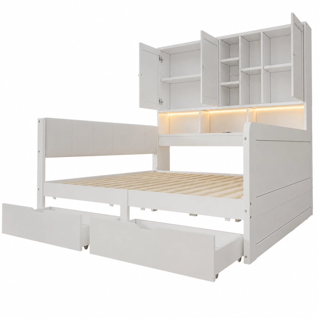 Letto singolo e matrimoniale 140x200 cm con LED; porte USB; cassetti e vani; bianco