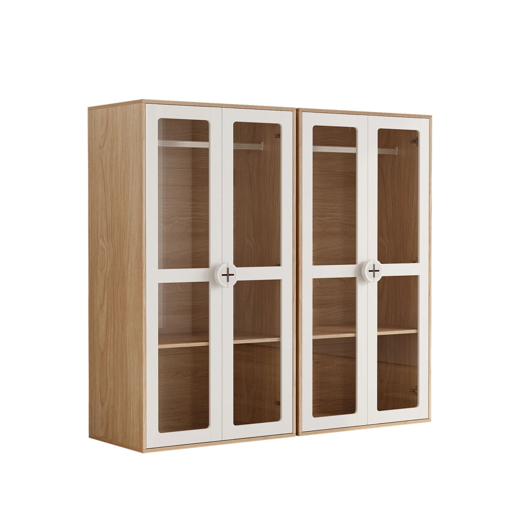 Scaffale a 2 moduli con ante in acrilico e barra appendiabiti regolabile in MDF bianco e naturale 80 × 50 × 150 cm