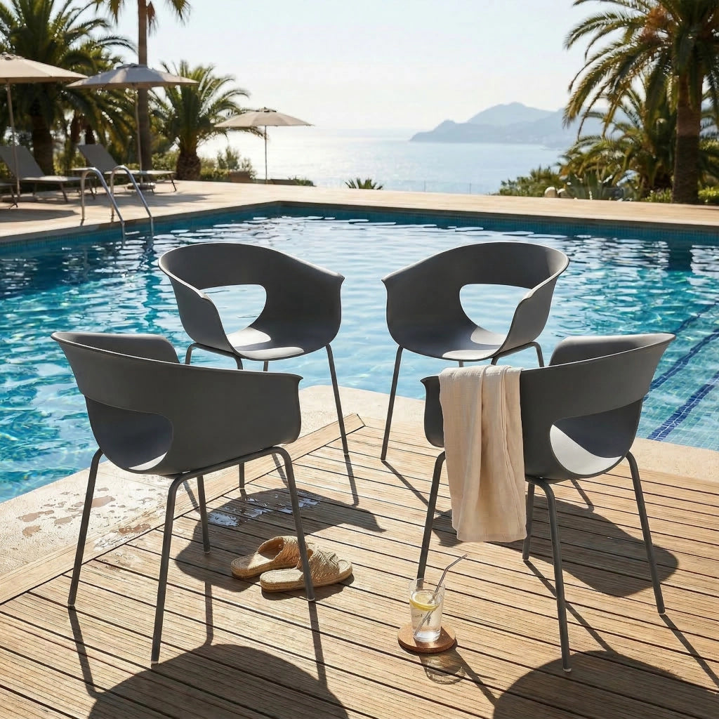 Serie di sedie da giardino di 4 sedie ergonomiche da balcone con design ritagliato; bracciolo impermeabile Grigio scuro resistente alla ruggine