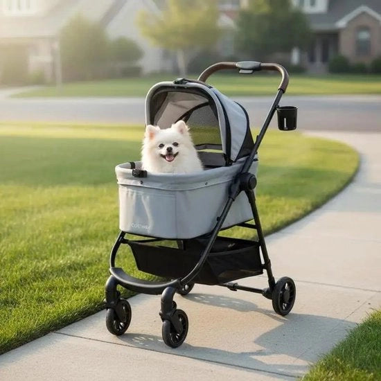 Carrello per animali 3 in 1, con sedile per auto rimovibile e rete di protezione regolabile, pieghevole a una mano