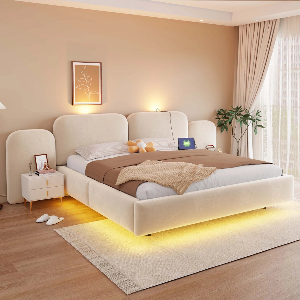 Letto imbottito 180x200 cm con contenitore idraulico; LED RGB; USB e Tipo C; velluto beige