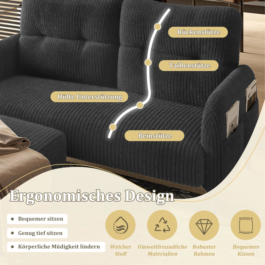Set di Divani con 1 Divano 2 Posti; 1 Poltrona e 1 Poggiapiedi; Schienale Ergonomico e Tasca Laterale; per Soggiorno; Velluto a Coste; Grigio