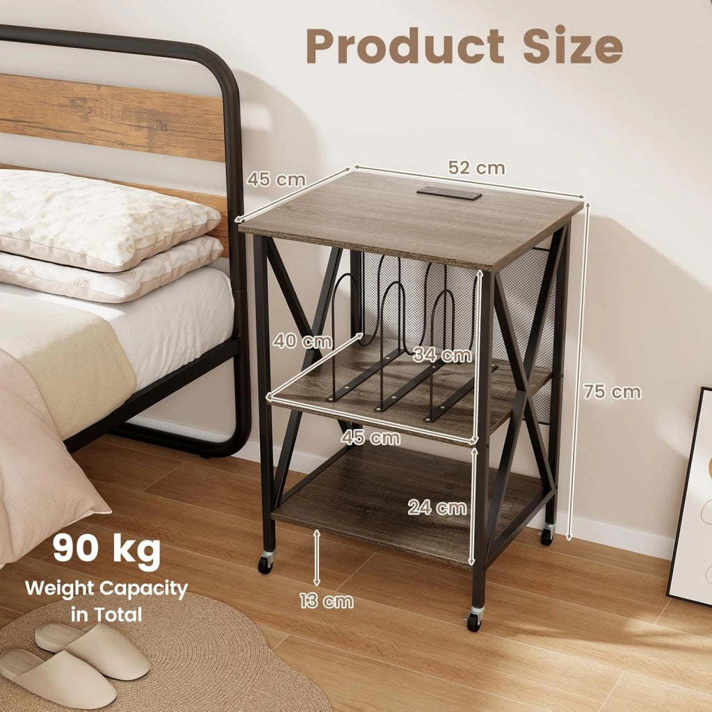 Supporto per Giradischi, Tavolo per Conservare Dischi in Vinile, Tavolo per Giradischi in Stile Mid-Century con Stazione di Ricarica, Ruote Bloccabili per Camera da Letto, Soggiorno (Grigio)