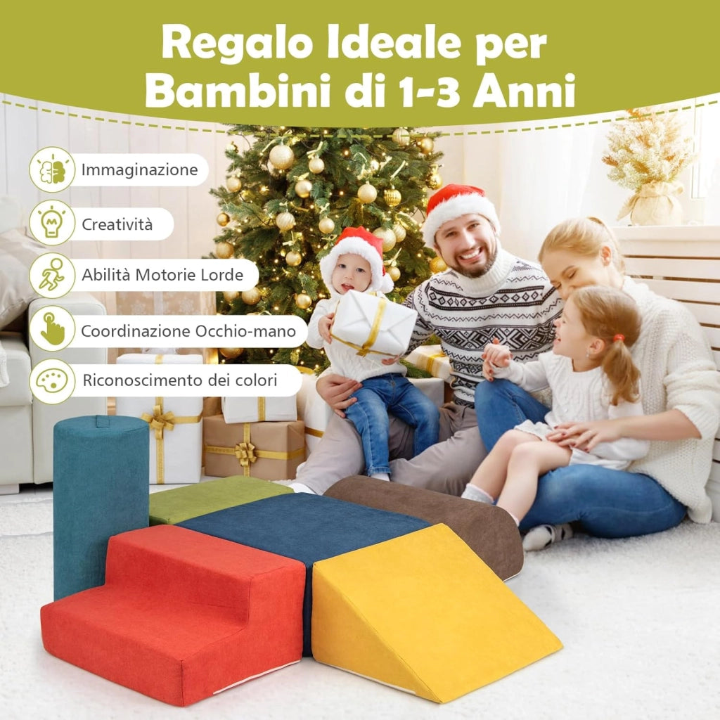 Set di 6 Blocchi di Arrampicata per Bambini, Set di Costruzioni Morbide con Tessuto Ciniglia, Mattoncini in Spugna ad Alta Densità con Maniglie, Ostacoli per Scalare per 1-3 Anni (Multicolore)