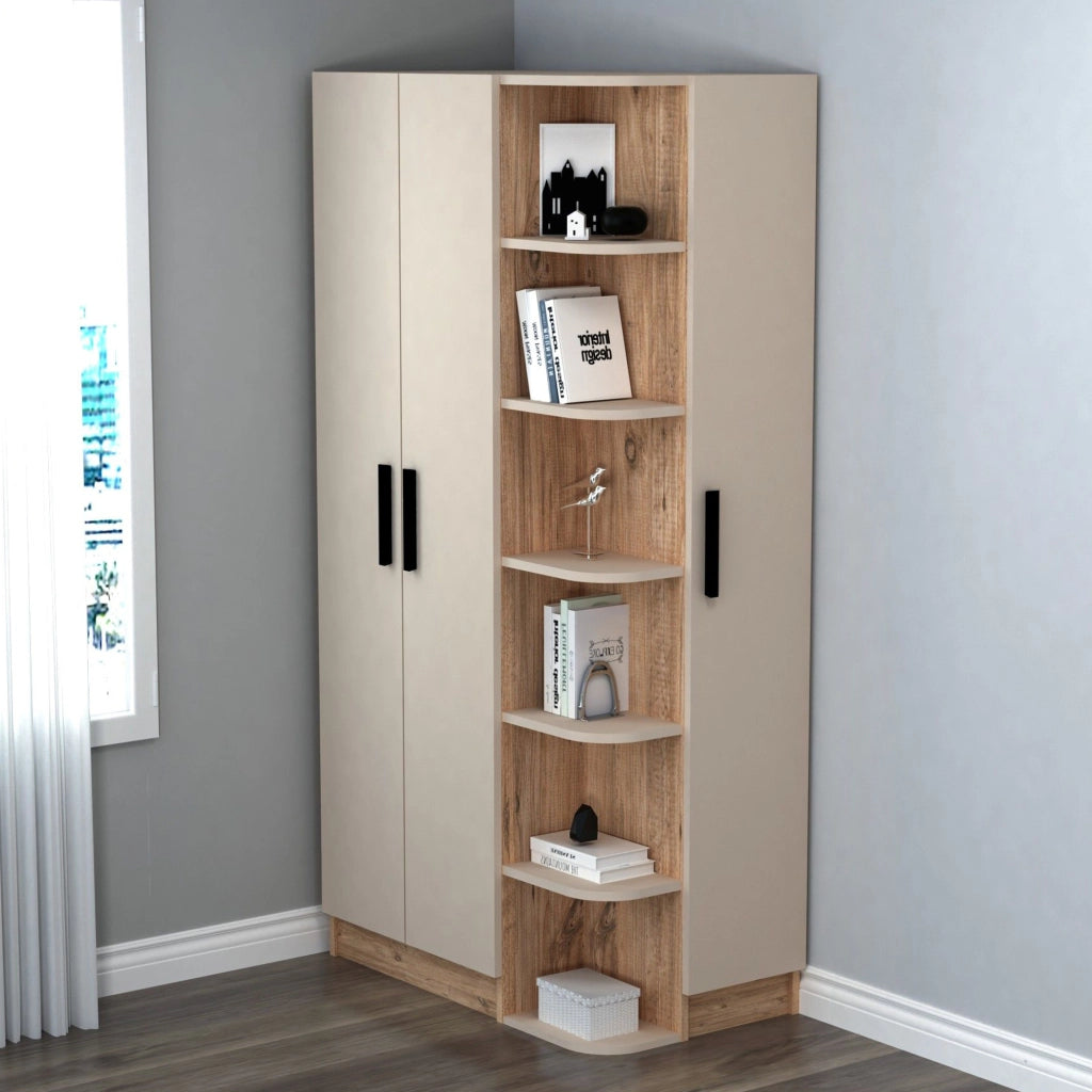 Armadio Camera da Letto Cusago, Guardaroba 3 Ante 10 Ripiani, 90x50 cm Beige