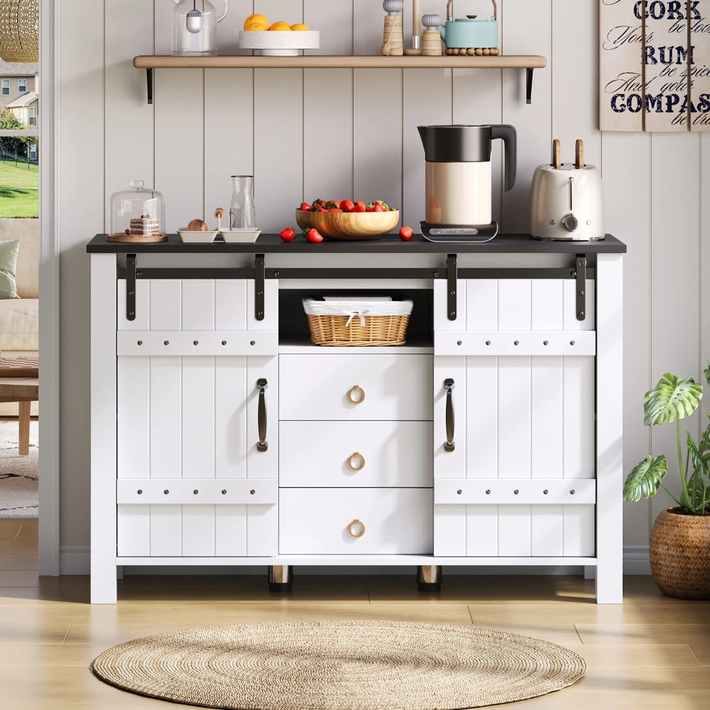 Credenza Sideboard da 120 cm con 2 porte scorrevoli e 3 cassetti, bianca, in MDF, stile rustico moderno