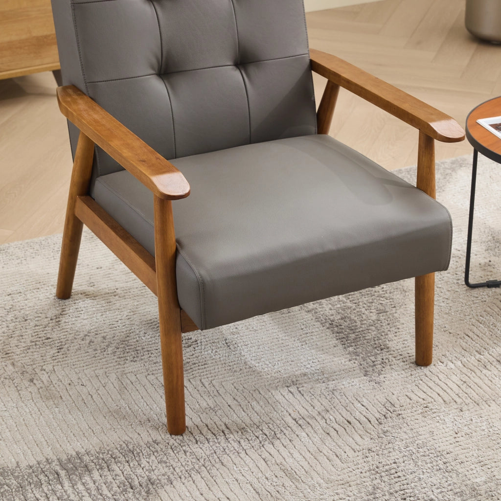 Fauteuil in pelle con struttura in legno e cuciture pull-point per soggiorno camera da letto home office grigio