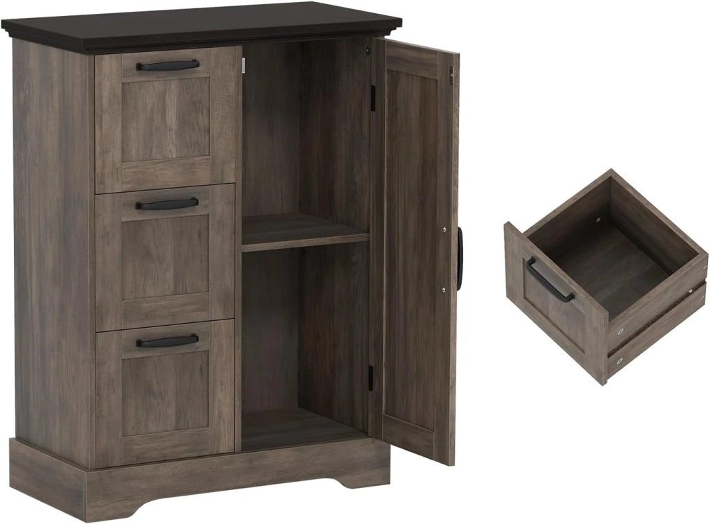 Credenza Cucina con 3 Cassetti e Armadio con Ante, Mobile Cucina Dispensa con Kit Antiribaltamento, Mobiletto Cucina, per Soggiorno, Sala da Pranzo, 60 x 30 x 80 cm (Bianco)