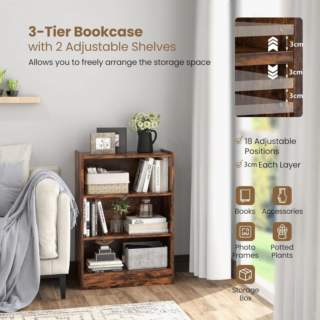 Libreria Aperta a 3 Livelli con Ripiani Regolabili, Libreria a Cubi con Dispositivo Antiribaltamento per Soggiorno, Camera da Letto, 50x30x75 cm, 3 Colori (Marrone)