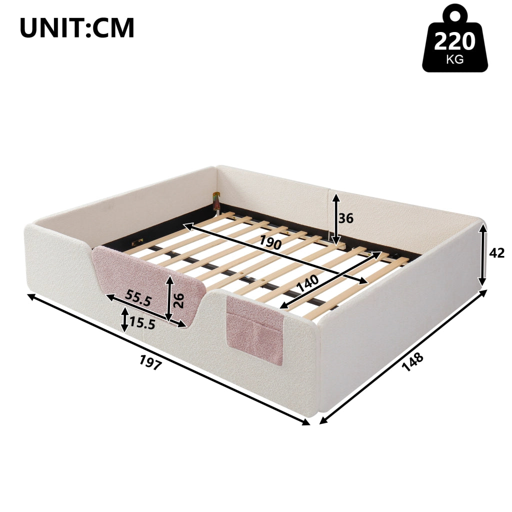 Letto bambino 140×190 cm con sponde di sicurezza rimovibili e tasca laterale; senza materasso; velluto; beige