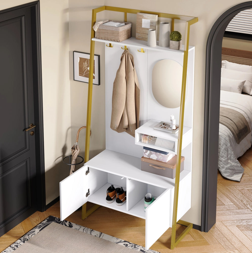 Guardaroba compatto da ingresso con specchio; ganci e panca; 2 ante; MDF bianco; 78 x 38;5 x 180;5 cm