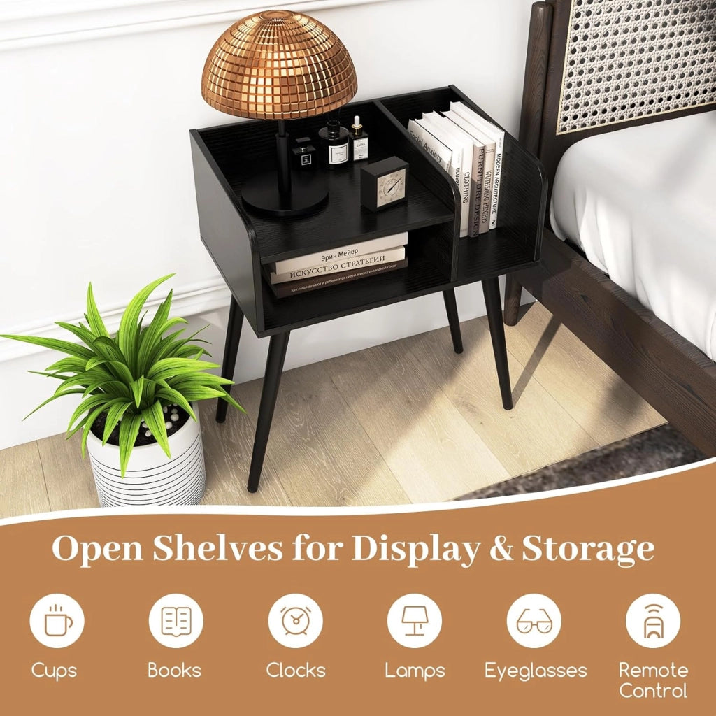 Set di 2 comodini, comodino con 3 scomparti aperti, tavolino in legno con 4 gambe di supporto in metallo, comodino per soggiorno, camera da letto, 50 x 32 x 58 cm (antracite)