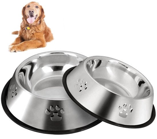 Due secchi di cibo per cani in acciaio inossidabile, secchi con fondo antiscivolo per cani e gatti, cani di taglia media e grande (26 cm)