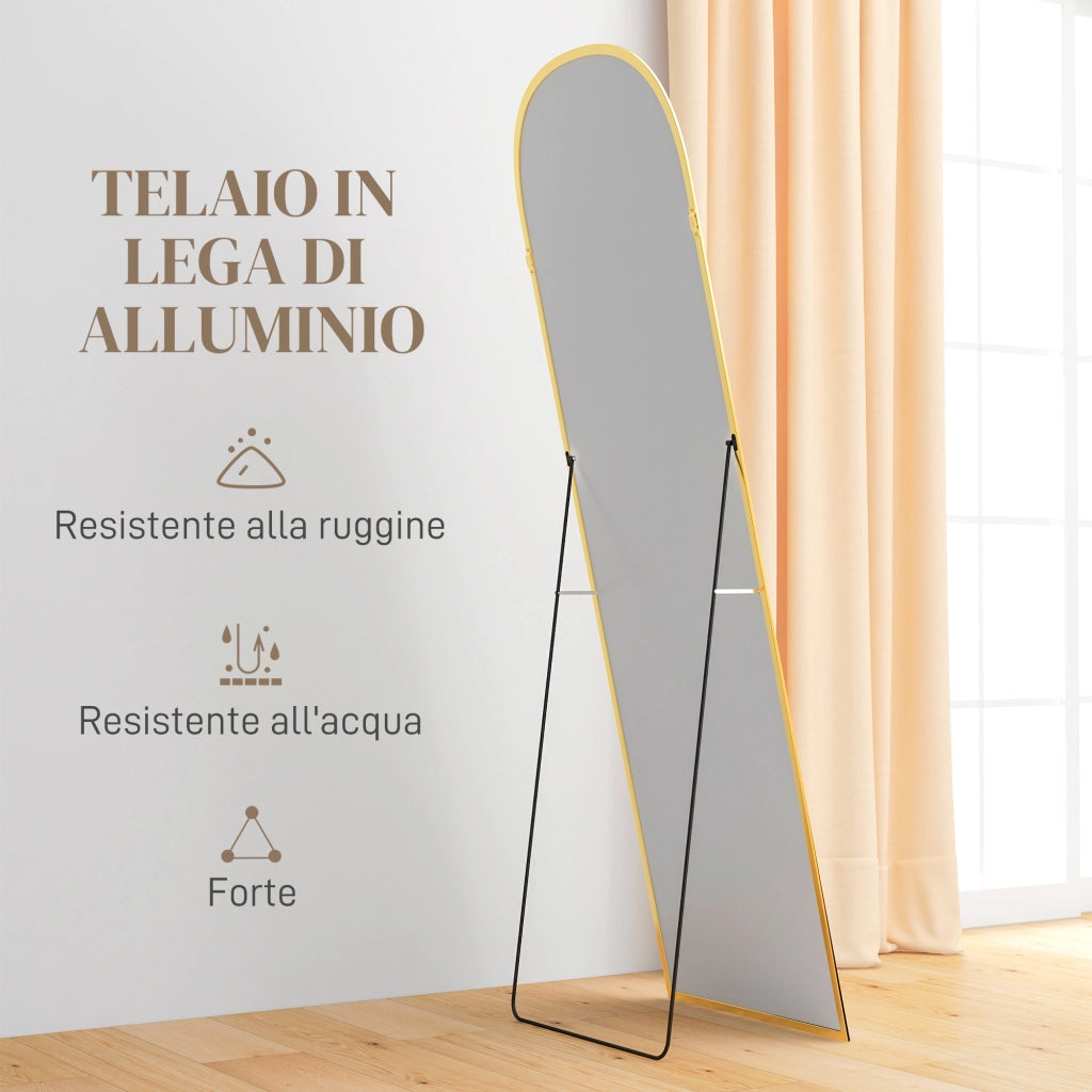 Specchio da Terra e Parete Moderno in Lega di Alluminio con Supporto Pieghevole, 50x170cm, Oro
