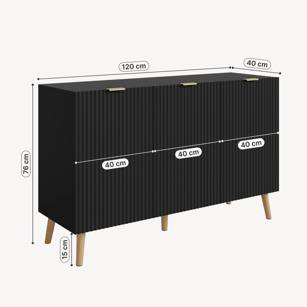 Credenza Nand Madia con 3 Ante Scanalate 120x40x76 cm Nero [en.casa]