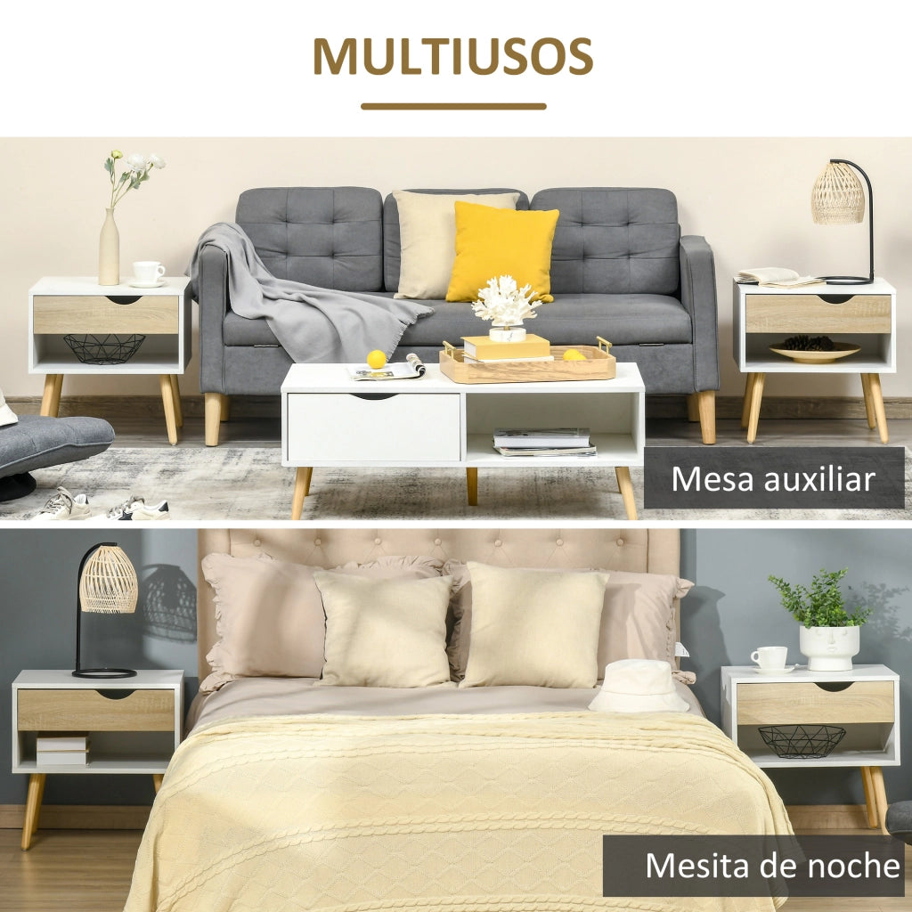 Comodino con cassetto e scaffale ¨C Zephmum ¨C 50x39x51 cm bianco e rovere