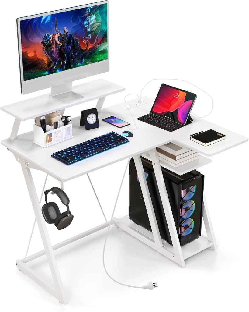 Scrivania per computer con base di ricarica integrata, scrivania per gaming con telaio in metallo e ripiano per monitor, scrivania per PC con supporto per CPU e gancio per cuffie dal look