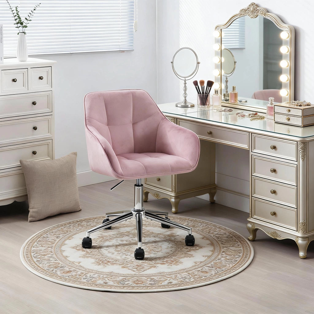 Sedia da ufficio ergonomica in velluto rosa girevole 360° con ruote e altezza regolabile