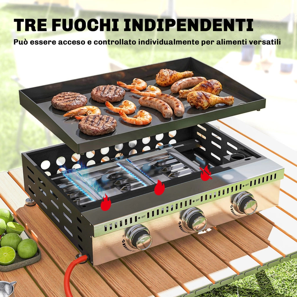 Griglia a Gas 62x49x23 cm Piastra di Cottura Portatile 3 Bruciatori con Vaschetta Raccogli Grasso Nero