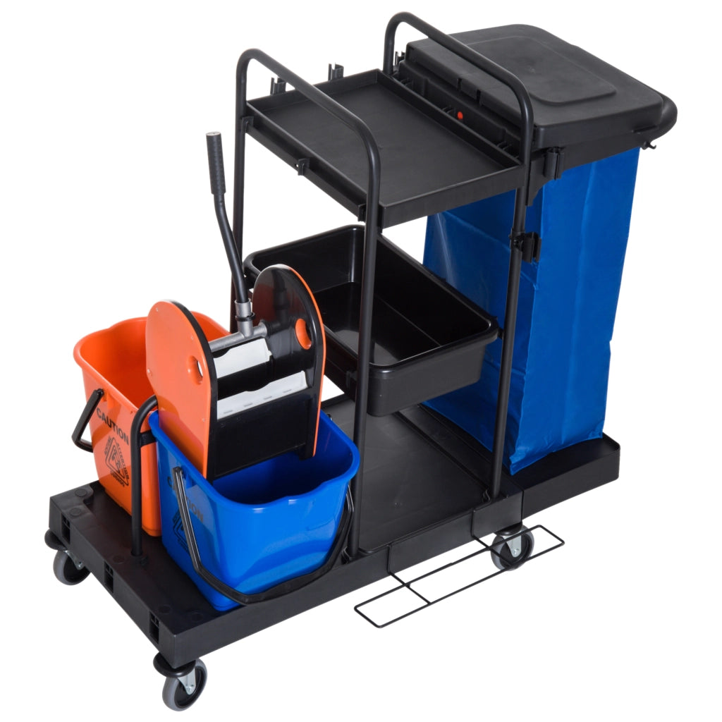 Carrello pulizia 3 piani con pressa ¨C zephmum ¨C 2 secchi 18L, sacco rifiuti, 4 ruote