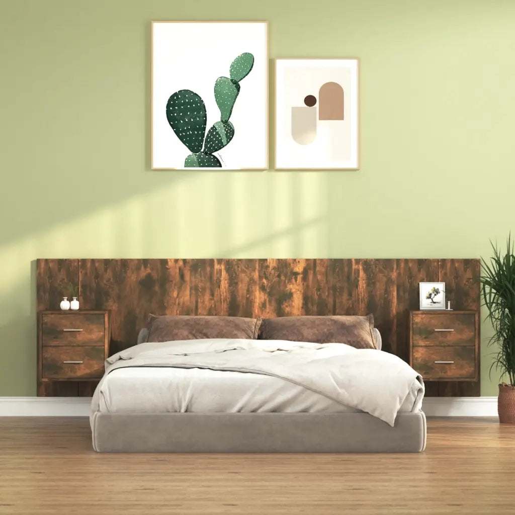Testiera | Testata Letto con Comodini in Legno Multistrato Rovere Fumo